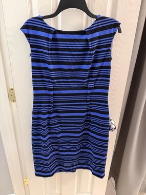 Calvin Klein Blue and Black Striped Cap-Sleeve Midi Dress